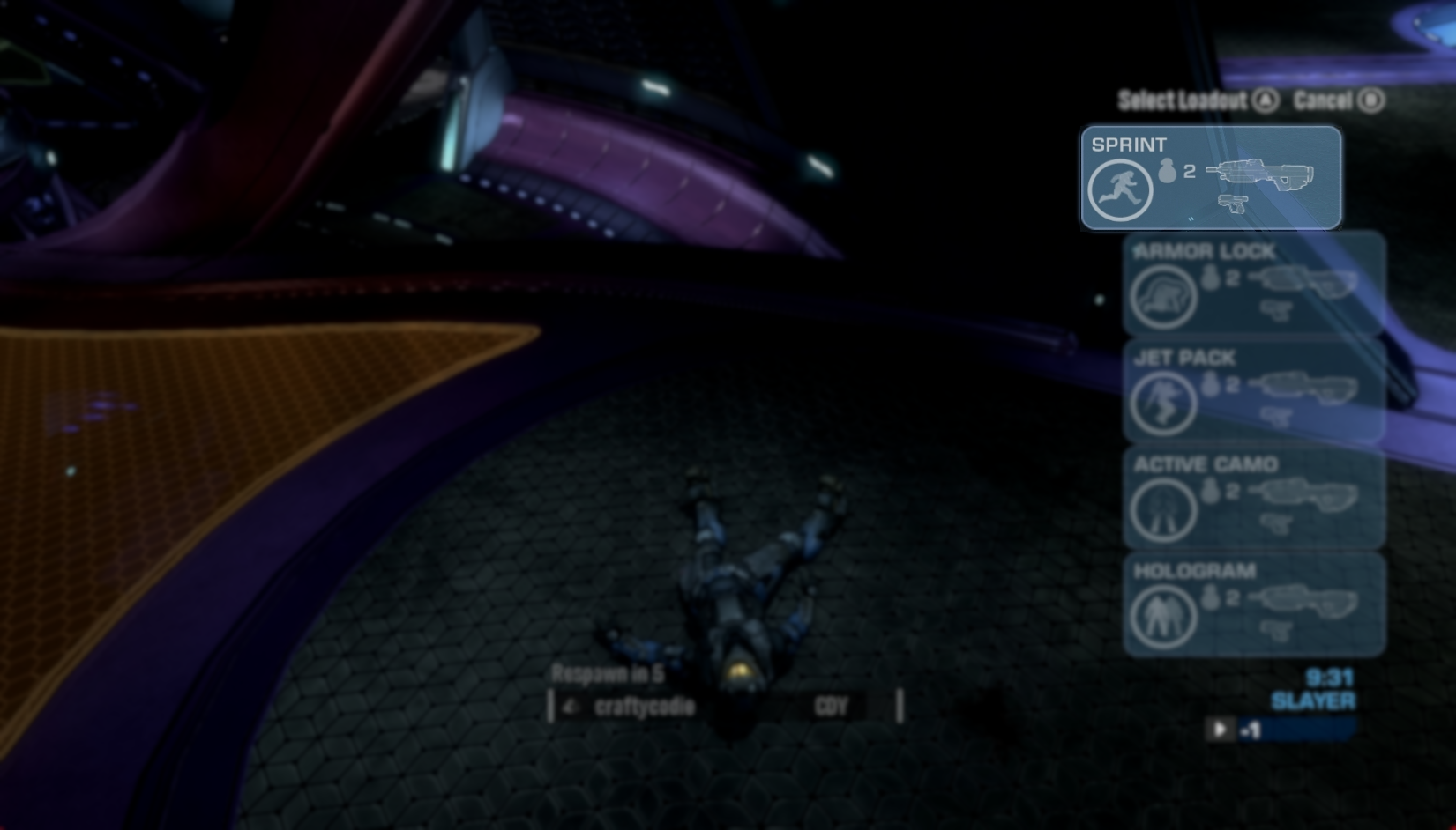 One loadout in the Reach respawn selection menu — Sprint, with sprint equipment, two frag grenades, Assault Rifle, and Magnum