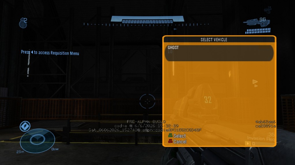 The requisition menu in a Reach pre-alpha build — vehicle selection showing Ghost with a point cost, opened via Left D-pad
